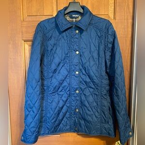 LL Bean Womens quilted riding jacket. Size XS. Navy with olive green trim